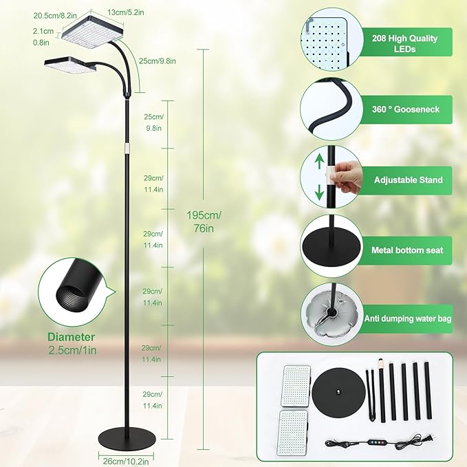 FRGROW 2026 2Head Full Spectrum Floor Lamp Grow Light, 50 Watt Bright Grow Lights for Indoor Tall Plants, Bonsai Tree, Auto On/Off Daily Timer(4/8/12/16/20H), Adjustable Stand 24"-78"