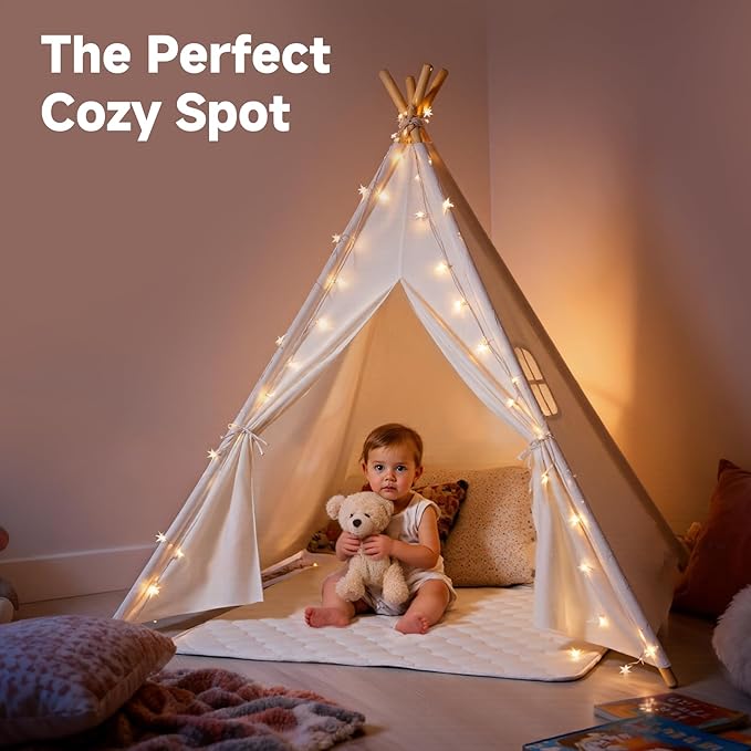 Sumbababy Teepee Tent for Kids with Mat, Cotton Canvas Indoor Foldable Tee Pee Tent for Toddler Slumber Party, Washable Play Tents Gift Toy for Girls & Boy