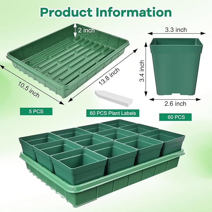 June Fox 60 Small Nursery Pots for Plants, 5 Seed Starter Tray Kit, 3.3 Inch Plastic Seedling Pots with Seedling Starter Trays, 60 Plant Tags (Green)