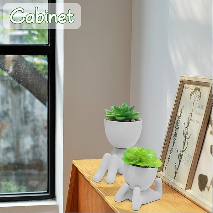 Zerzsy 2PCS Cute Artificial Succulent Plants with Creative Human Shaped Pots, Desk Decoration for Home and Office Decor (Cement Gray)