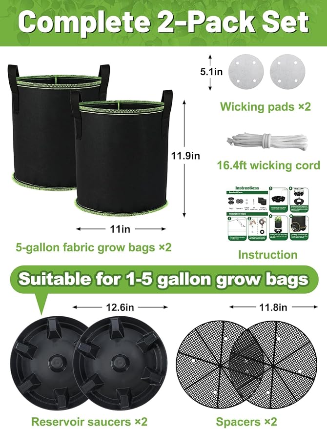 2Pack Self Watering Grow Bags with Pots Base - 5 Gallon Automatic Watering Planter Saucer with Wick Cord, Thick Fabric Vegetables Plants Pots with Handles for Indoor, Outdoor, Greenhouse, Garden