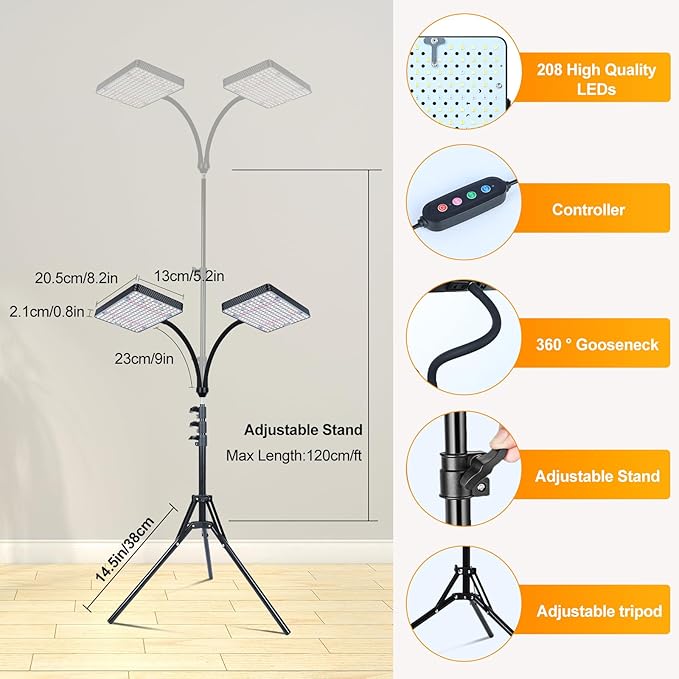 FECiDA 2026 2Head Grow Light with Stand, 50 Watt Power Draw, Bright and Big Coverage Grow Lights for Large Houseplants, Bonsai Tree, 4/8/12/16/20 Hr Timer, 24"-64" Height Adjustable, 360° Gooseneck