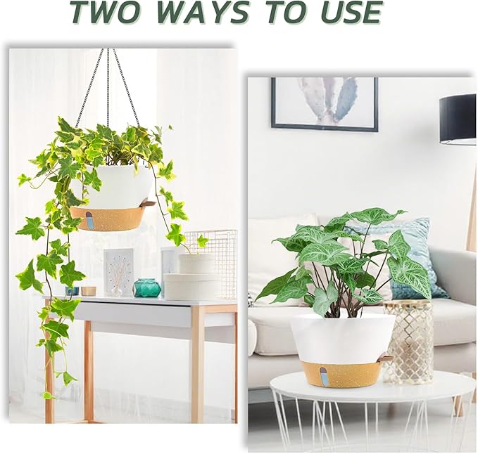 ZMTECH 2 Pack 8 Inch Hanging Planters for Indoor Plants, Modern White Hanging Planter with Visible Water Level Window & Removable Tray, Decorative Plant Hanger Indoor for Home Decor