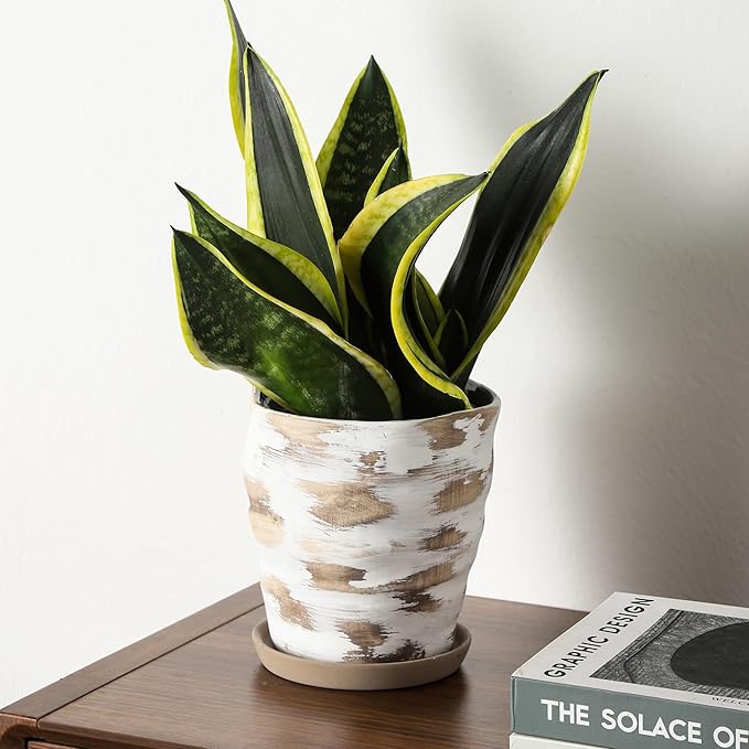 Modern Irregular Ceramic Planter Set of 2-4+6 Inch Unique Reactive Glaze Flower Pots with Drainage Holes & Saucers - Indoor Outdoor Decorative Succulent Orchid Pots, Light Brown