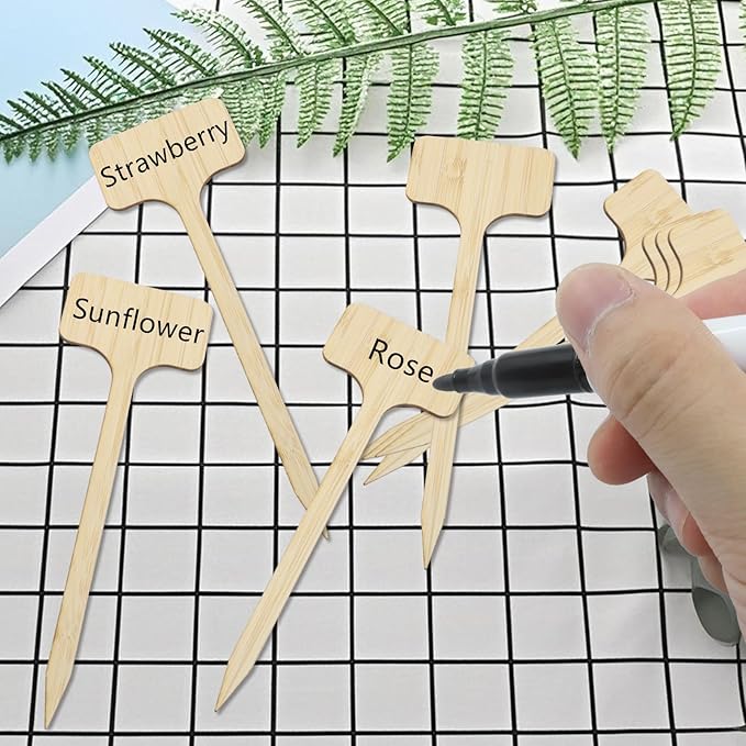 30Pcs Bamboo Plant Tags (6 x 18 cm) T-Type Plant Tags with A Marker Pen, House Plant Labels Garden Markers for Bamboo, Herb, Vegetable