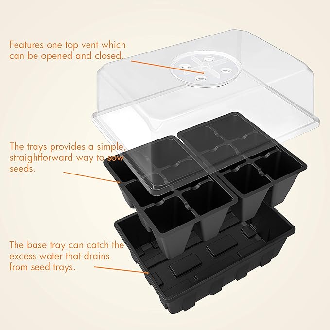 Gardzen 3 Pack Seed Starting Tray, Plant Germination Trays, Seed Starter Kit with Adjustable Humidity Vented Dome, Plant Growing Kit 6.6" x 4.5", Total 36-Cell, Black