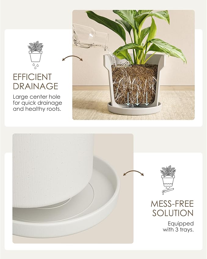Bamworld 3-Pack Plant Pots Indoor with Drainage 5/6/7 Inch Planters for Indoor Plants Modern Minimalist Flower Pots White