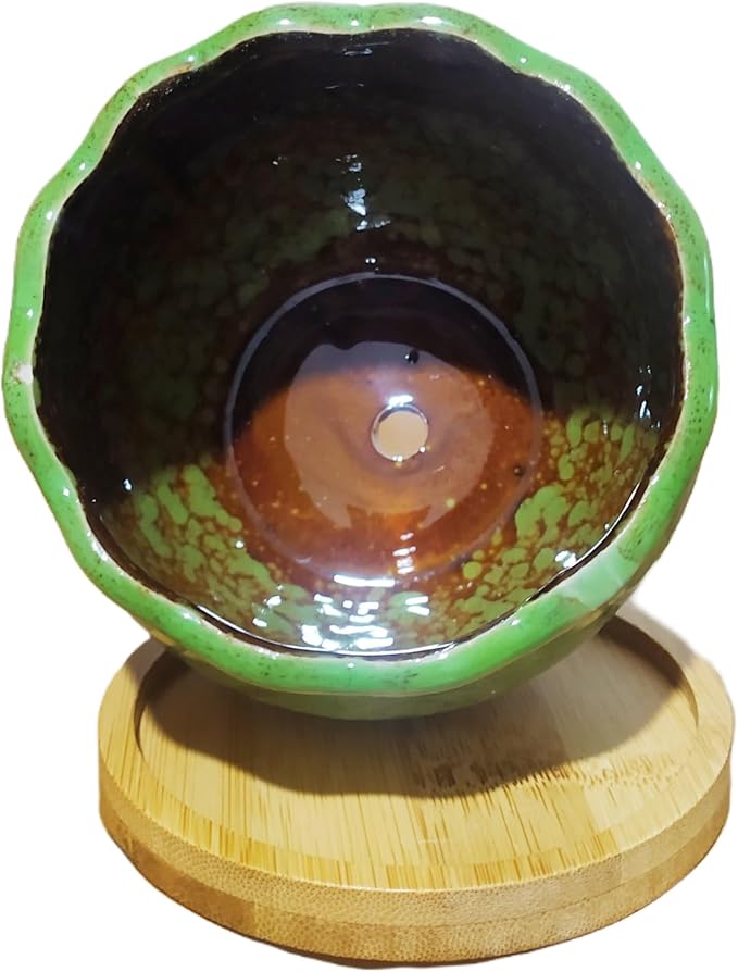 Cute Circular Ceramic Home Garden Decoration Succulent Cactus Flower Pots Container with Bamboo Tray -Plant Not Included (Green, 3.9 Inch)
