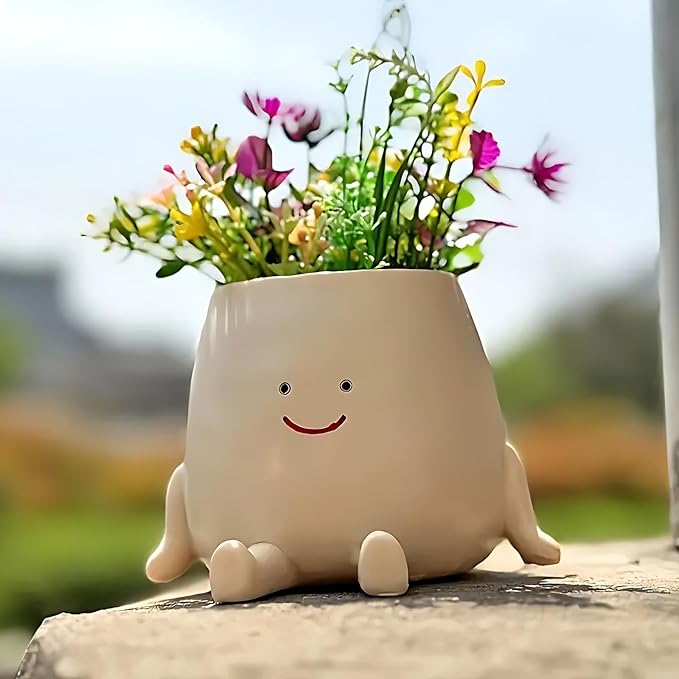 Smiley Face Planter Pot – Small Cute Resin Flower Head Planter with Drainage Hole, Succulent Pot for Indoor & Outdoor Home Décor