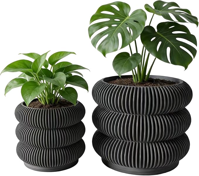 Fabix 4.7/6" 3D Printed Plant Pots - Unique Bubble Ring Modern Planters for Indoor Plants, Durableo-Friendly PLA Flower Pots with Drainage for Succulents, Cactus, Home Office Décor.(Black)