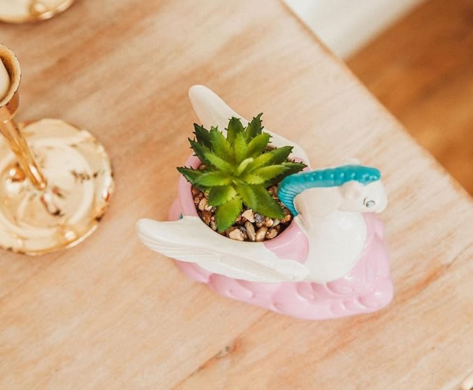 Silver Buffalo Disney Hercules Pegasus 3-Inch Ceramic Mini Planter with Artificial Succulent | Small Flower Pot, Faux Indoor Plants for Desk Shelf, Home Decor