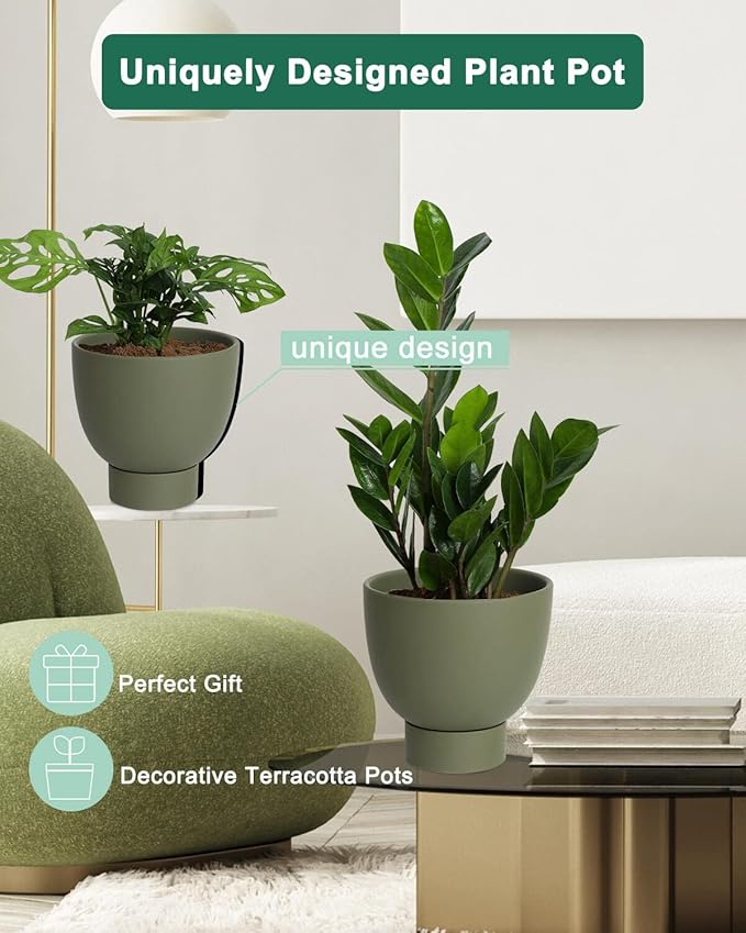 vensovo Green Terracotta Self Watering Plant Pot - 2 PCS 6 Inch & 8 Inch Terra Cotta Plant Pot with Drainage Hole and Saucer, Small & Large Clay Flower Pot with Tray, Planter for Indoor Outdoor