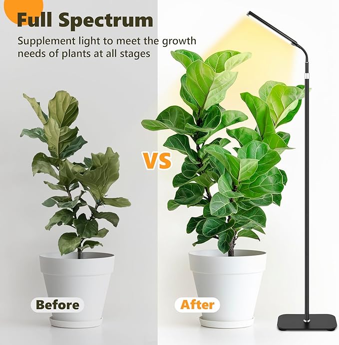 Grow Light for Indoor Plants, Full Spectrum LED Grow Light with Stand, Auto On/Off Timer, Height Adjustable Floor Plant Lamp with Gooseneck, 10-Level Dimmable Light for Small Tall Houseplants