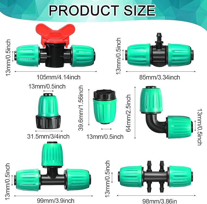 Glooglitter 40 Pcs 1/2" Tubing Irrigation Fittings Kit 1/2 ID x 0.6-0.63 OD 16 mm Drip Irrigation Barbed Connectors Include 6 Switch Valves 18 Barbed Tee 8 Ends 4 Adapters 4 Elbows (Black and Green)