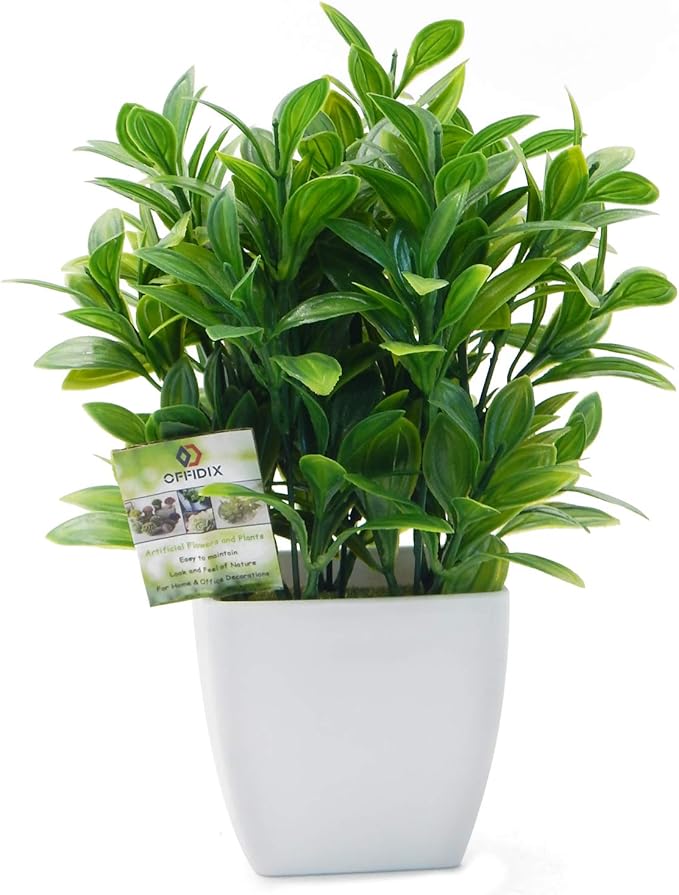 OFFIDIX Artificial Eucalyptus Plants with White Square Vase Small Artificial Tree for Office Desktop Decor Fake Plants for Home and Office Indoor Decorations