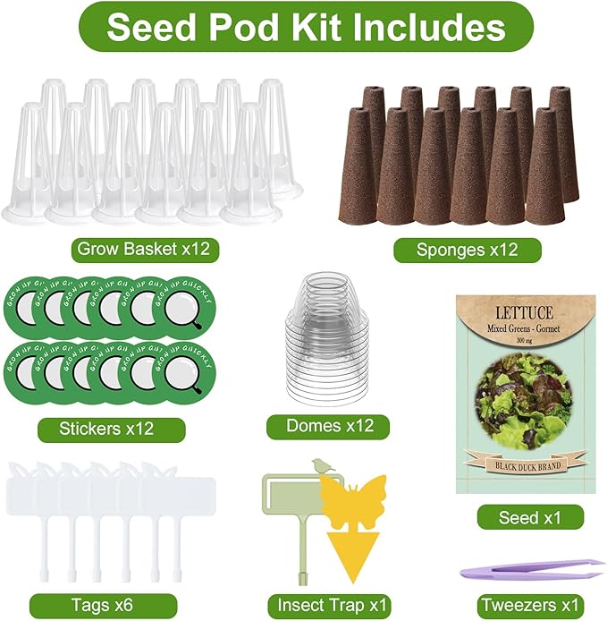 Salad Seed Pods, 12 Pods Grow Anything Kit for All Hydroponics Growing Systems with 300mg Varity Seeds of Buttercrunch, Black Seeded Simpson, Oakleaf, Prizehead, Red Salad Bowl and so on