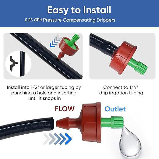 0.25 GPH Pressure Compensating Drippers: 25 Pack Drip Irrigation Spot Emitters Heads Constant Flow Drip Irrigation Parts for Garden Irrigation System
