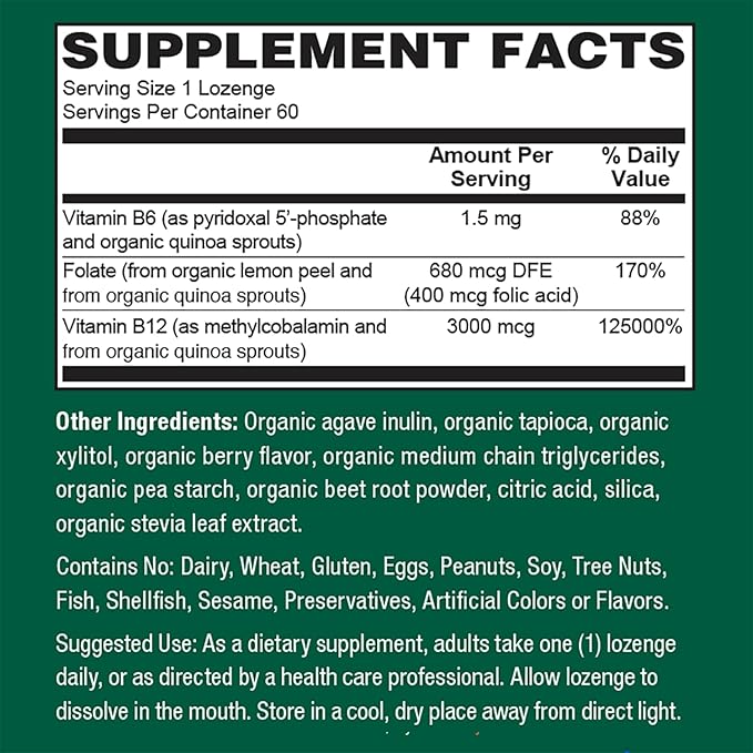 PlantFusion Organic Methylated Vitamin B Complex – Vegan B12 3000mcg, Folate 680mcg DFE, B6 from Organic Sprouts – Berry-Flavored Lozenges – 60 Count