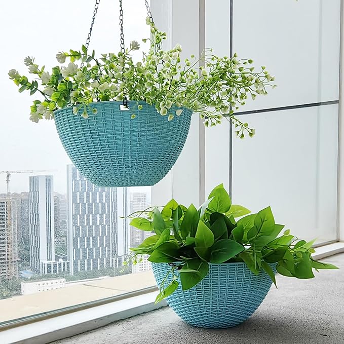 RooTrimmer Hanging Planters for Outdoor Plants 8/10 Inch, 4 Packs Hanging Flower Pot Indoor with Drainage Holes, Self-Watering Hanging Basket Perfect for Home, Office and Garden (Sky Blue)