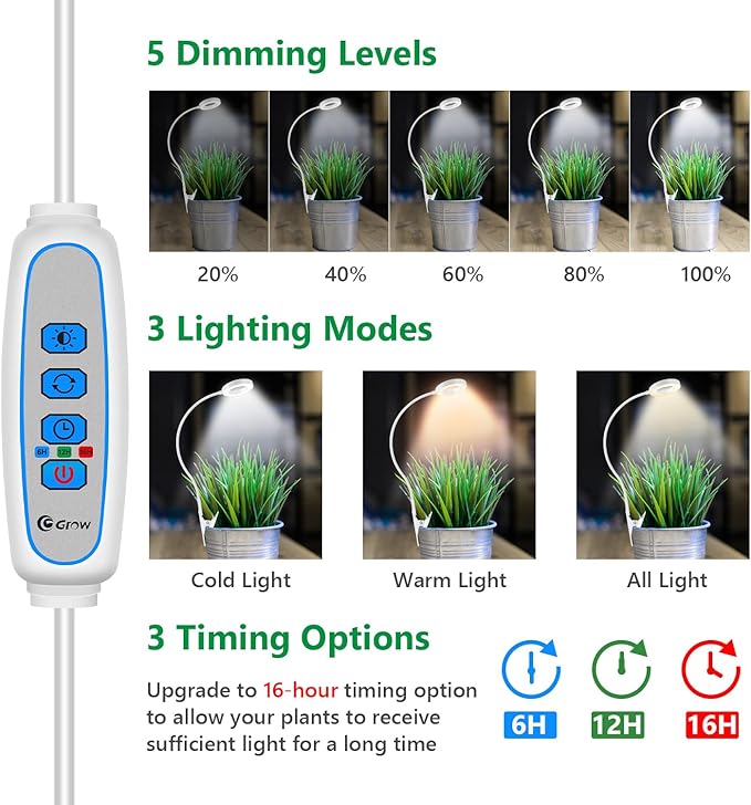 Plant Light Clip on 2 Pack, 6000K White Full Spectrum Plant Lights for Indoor Growing, Halo Grow Lamp with 360° Gooseneck, 6/12/16H Timer, 3 Light Modes, 5 Level Dimmable