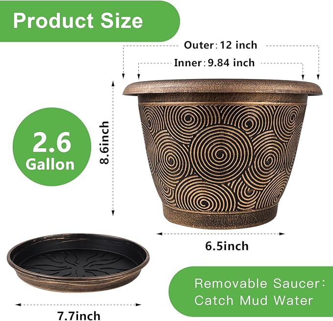 Fodetyff 12 Inch Large Planter Pot for Plants Indoor Outdoor, 4 Pack Plastic Flower Pots with Drainage Hole & Tray, Modern Decorative Garden Pot with Saucer, Plant Container for House