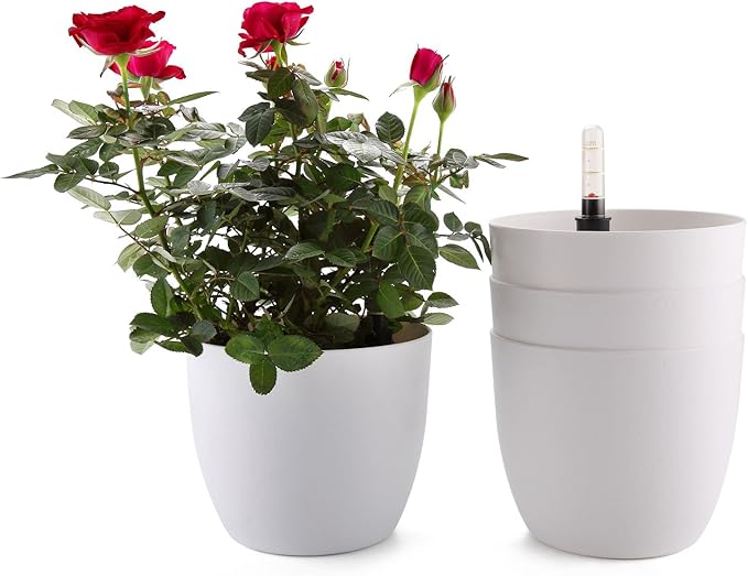 T4U 7 Inch Plastic Self Watering Planter with Water Level Indicator White Set of 4, Modern Decorative Planter Pot for All House Plants, Flowers, Herbs, African Violets, Succulents