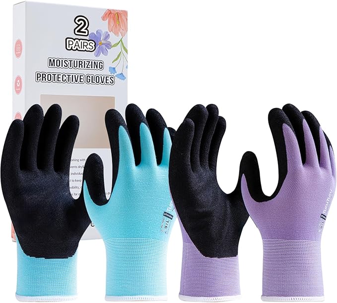 HandLove 2 Pairs Gardening Gloves for Women-Moisturizing Durable Work Gloves.Latex-free Sandy Nitrile Coated for Yard Garden,Touchscreen Friendly Protective Work with Grip, Medium,Blue&Purple