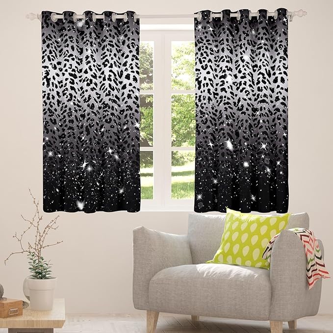 Leopard Print Curtains & Drapes,Black Grey Cheetah Skin African Big Cat Window Treatments,Sparkle Starry Sky Glitter Blackout Curtains 2 Panels 38"Wx54"L,Jungle Animal Wildlife Window Curtains