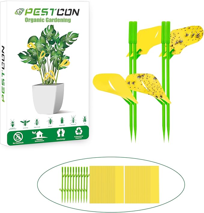 60PCS Yellow Sticky Traps for Plant Gnats Fungus Gnat Traps for House Indoor Fruit Fly Traps for Indoor/Outdoor Catcher for Whiteflies Mosquitoes Thrips Aphids... Stake Holders Included Dual-Sided