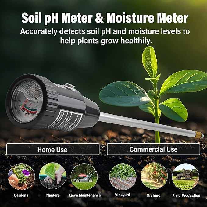 Soil pH Meter & Moisture Meter, 300mm Long Electrode, Soil Tester for Garden, Lawn, Farm, Indoor & Outdoor Use, No Battery Needed