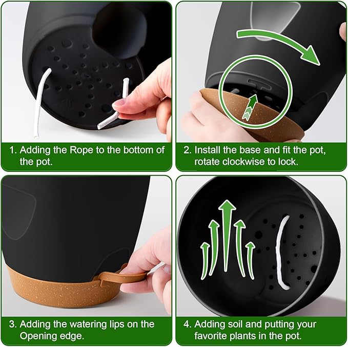 5-Pack Plant Pots with Drainage 7/6.5/6/5.5/5 Inch Self Watering Pots for Indoor Outdoor Plants, Plastic Flower Pots with Drainage Holes and Removable Saucers, Plant Pots with Wicking Rope (Black)