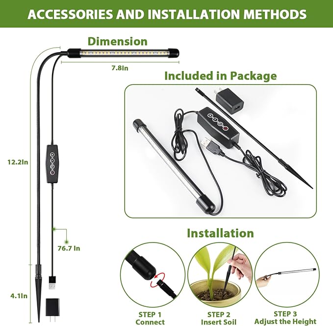 Grow Light 2 Pack, 6000K Full Spectrum Gooseneck Growing Lamp for Indoor Bonsai Pot Succulents Micro Greens Mini Plants, Dimmable & Auto Timer 4 8 12H