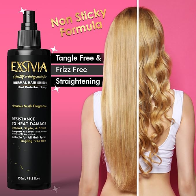 EXSIVIA Heat & Color Protection Hair Spray with Castor Oil Musk Fragrance, Frizz-Free Shine, Thermal Protection, Paraben-Free 250mL