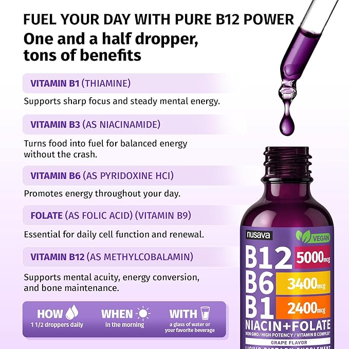 (2 Pack) Vitamin B12 and B6 Liquid Drops, B12 Sublingual Vitamin B Complex - B 12 Vitamin 5000mcg - B12 Methylcobalamin for Energy, Brain, Heart Support with 27,200 mcg, Grape Flavor, 80 Servings