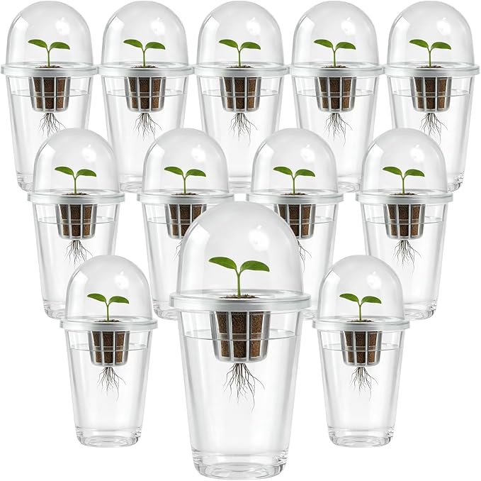 12 Pack Transparent Hydroponic Cups with Humidity Domes, 5in1 Hydroponics Growing System Kit, Clear Self Watering Planters for Indoor Plants, Herbs, Seed Starting, Root Monitoring