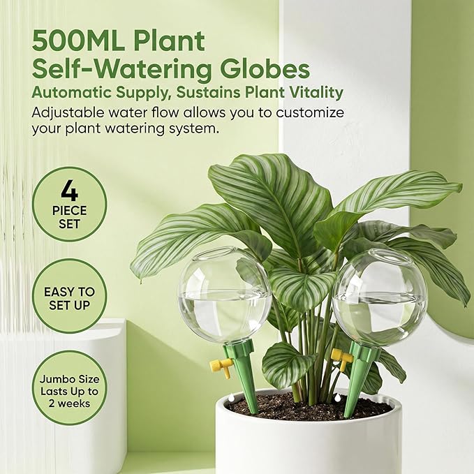 4-Pack Self Watering Globes with Covers – Automatic Plant Watering Bulbs, Slow-Release Irrigation Spikes for Indoor/Outdoor Potted Plants, Vacation Watering System, Top-Fill, Fits Most Pots