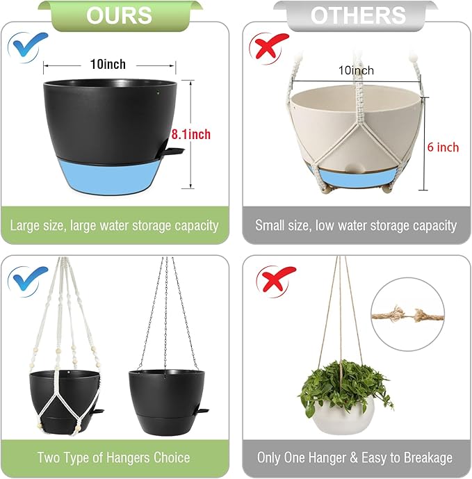 Meowell 10 inch Self Watering Hanging Planters, 2 Pack Hanging Baskets for Indoor Outdoor Plants, Hanging Flower Pots with Drainage Holes & 2 Kinds of Plant Hangers for Garden Home Decor, Black