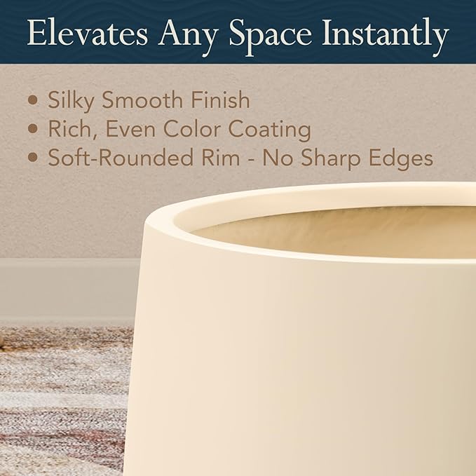KUTE NEST 16.5" H x 15" D Premium Corso Fiberstone Round Tapered Planter with Drainage Hole, Smooth Finishes, Weather Resistant, Included 2 Extra Coco Mats (Kilim Beige, 11.5" Pot Opening)