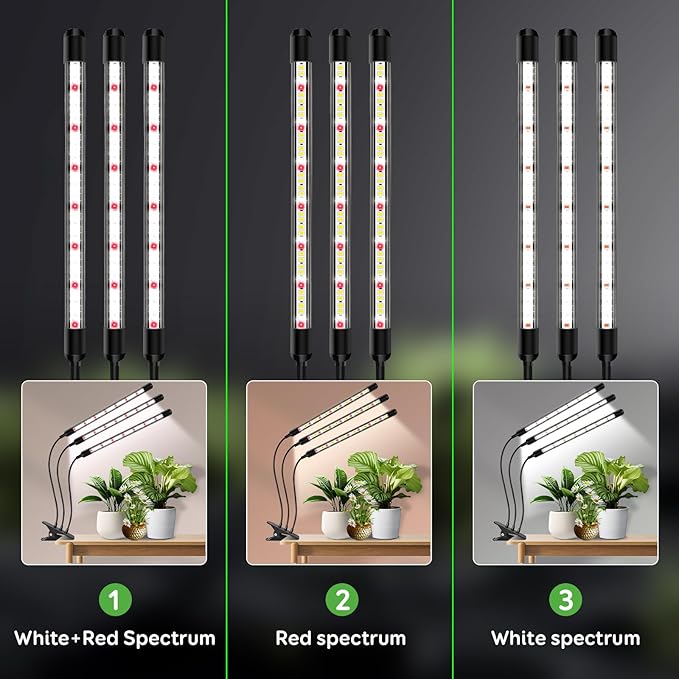 SDOVUERC Tri-Head Clip Grow Light for Indoor Plants, Full Spectrum with 6/12/18H Timer, 5 Dimmable Levels, 3 Spectrum Modes & 360° Gooseneck for Seedlings, Houseplants, Succulents
