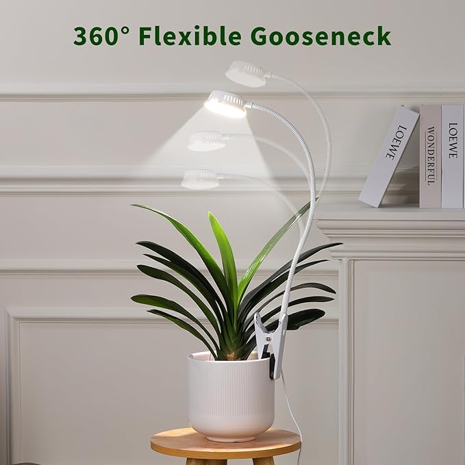 LORDEM Grow Lights for Indoor Plants, Clip-on Gooseneck Plant Lights for Indoor Growing，Full Spectrum LED Plant Light with 5 Dimming Levels,Auto On/Off Timer (6/8/12/16 Hrs),White,2 Packs