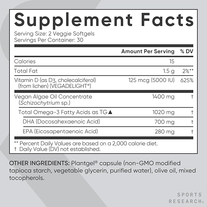 Sports Research Vegan Omega-3 with Vitamin D3 Softgels - 1020mg Omega-3 & 5000iu D3 Supplement - Fish Oil Alternative with Vitamin D Plant-Based Support from Algae Oil - 60 Veggie Softgels for Adults