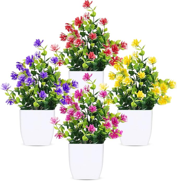 CEWOR Fake Flowers 4 Packs Artificial Plants Indoor Mini Eucalyptus Flowers Decorations for Spring Desk Wedding Bathroom Office Home Room Table Decor Indoor Outdoor