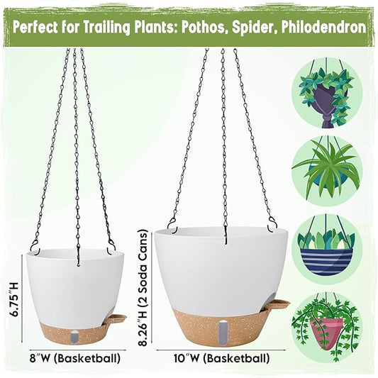 Self-Watering Hanging Planters with Water Level Window, 8/10 Inch Indoor Outdoor Hanging Plant Pots Includes Chain Hangers with Drainage Holes & Detachable Reservoir (White, 8+10 inch)