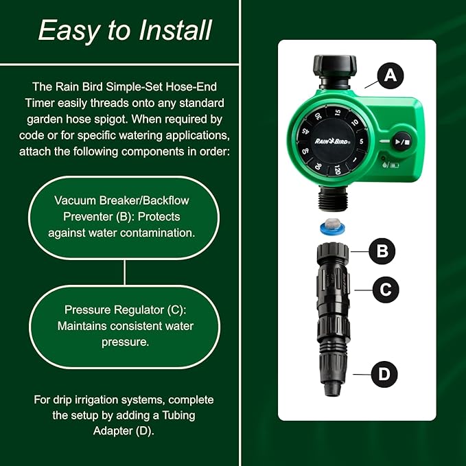Rain Bird 1ZEHTMRS Simple-Set Hose End Timer, One Zone/Station, Battery Operated, 3/4" Garden Hose Thread, Heavy-Duty Brass Inlet, Dial with Brass Inlet