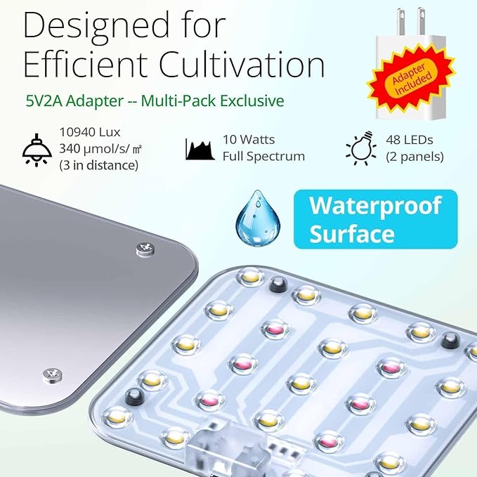 DOMMIA Full Spectrum LED Grow Light for Indoor Plants, 2 Panels 10W with 6/12/16h Timer Dimmable Plant Lights for Flower Veg Plant Growth USB, Daylight White, 2-Pack