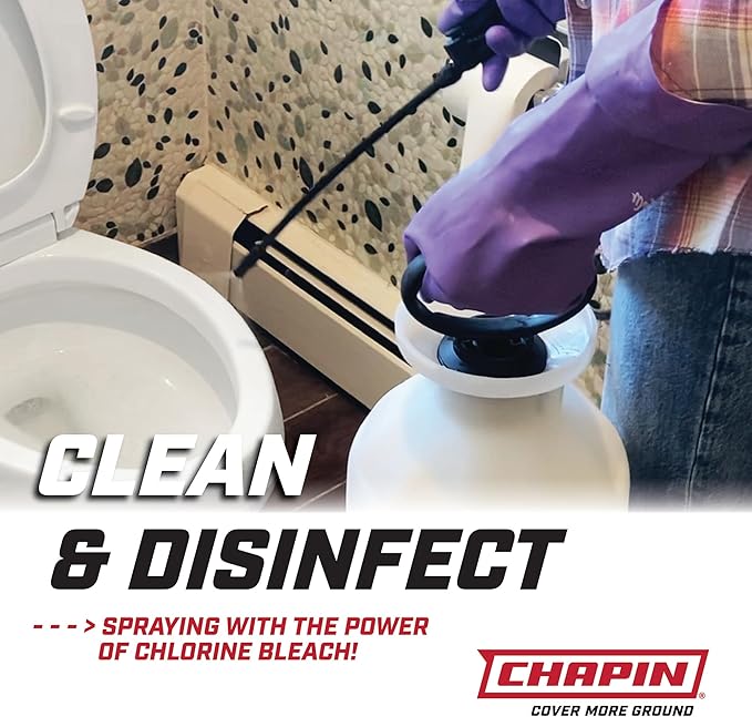 Chapin 20075 Bleach Pump Sprayer, 1‑Gallon, Lawn & Garden, Bleach‑Resistant Poly Tank, Funnel‑Top, Anti‑Clog Filter, Adjustable Cone Nozzle, 40" Hose for Cleaning, Mold & Disinfecting Applications