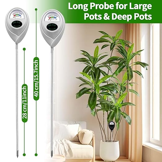 Soil Moisture Meter Sensor Long Probe Deep Use, Water Monitor Indicator, Hygrometer for Outdoor Indoor Large Pot Plants, Flower, Gardening, Farming, 2 Pack