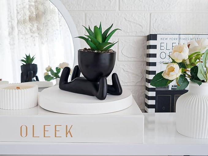 OLEEK Small fake plant office decor for women - blacks plants decor - office plants artificial - fake plants black - succulents fake plant for shelf decor - fake plants black pots for plants - Pot Set