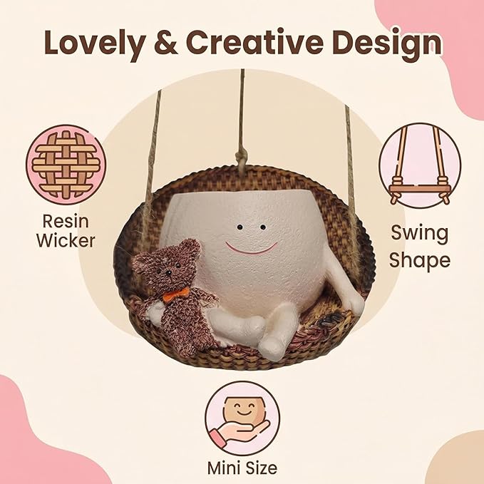 TEARS OF GAIA Hanging Planters for Indoor Plants, Smiley Face Planter Pot Cute Resin Flower Head Planters with Drainage, for Mom, Funny Succulent Plant Lover Gift for Plant Lovers (Teddy Bear)
