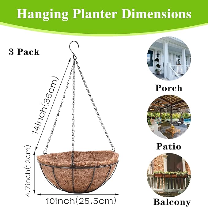 EIMQUVW Hanging Planters Basket Set of 3 Hanging Flower Pots 10 Inch Chain Round Wire Plant Holder with Coco Coir Liner Garden Watering Hanging Baskets for Patio Garden Outdoor1